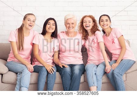 Breast Cancer. Cheerful Women Of Different Age And Enthicities In Pink T-shirts Smiling To Camera Si