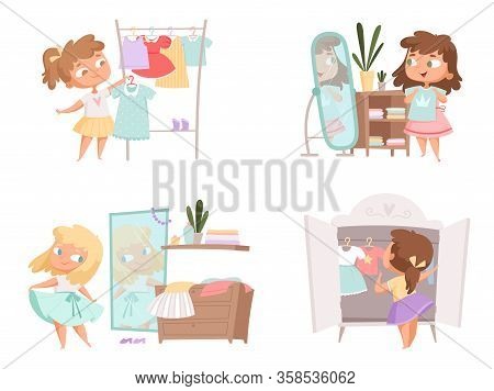 Girl Dressing Up. Mother And Daughter Choice Clothes In Wardrobe Vector Female Person Vector Cartoon