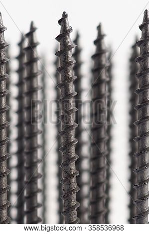 A Lot Of Black Long Self-tapping Screws Stand Upright On A White Background. Close-up. Hardware, Iro