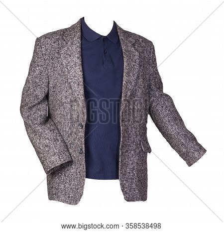 Gtay Jacket With Buttons And A Dark Blue T-shirt With A Collar And Buttons Isolated On A White Backg
