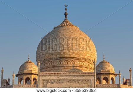 Agra, India - March 5 2018: The Famous Taj Mahal Dome Close Up Shot.