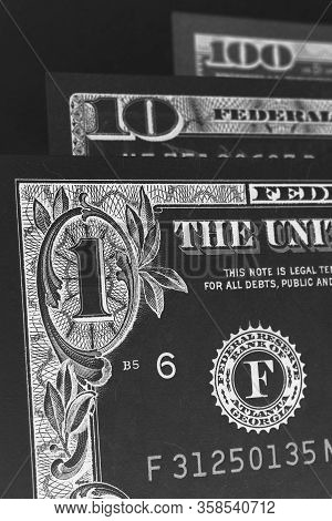 Us Banknotes Of 1, 10 And 100 Dollars. Close-up Denomination Figures. American Economy, Exchange Rat