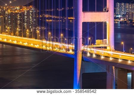 Sunset and light illumination of Tsing ma bridge landmark suspension bridge in Tsing yi area of Hong Kong China.
