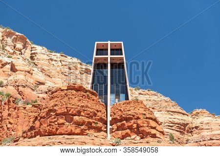 SEDONA, ARIZONA - APRIL 13, 2018: The Chapel of the Holy Cross in sedona. The  Roman Catholic chapel was built into the  buttes of Sedona in 1957.