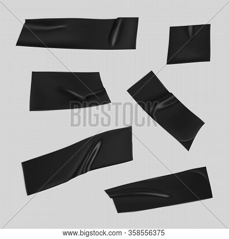 Black Duct Tape Set. Realistic Black Adhesive Tape Pieces For Fixing Isolated On Gray Background. Sc