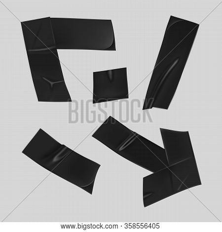Black Duct Tape Set. Realistic Black Adhesive Tape Pieces For Fixing Isolated On Gray Background. Sc