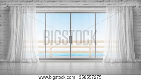 Glass Windows With White Silk Curtains, Brick Walls And Overlooking To Sea. Vector Realistic Interio