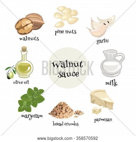 Set Of Italian Walnut Sause Ingredients. Walnuts, Garlic, ,olive Oil, Marjoram, Milk, Parmesan, Brea