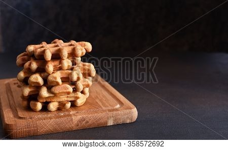 Cheese Waffles With Corn Salad And Tomans - Healthy Breakfast On A Concrete Background.