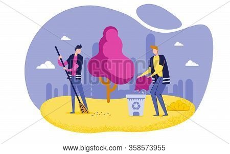 Men Characters Cleaning Up Trash In Park Cartoon Flat Vector Illustration. People Bagging Waste Scat