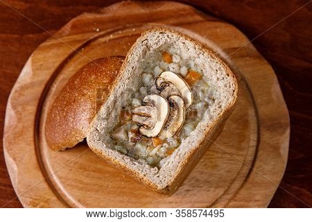 Mushroom Soup In A Bowl Of Bread