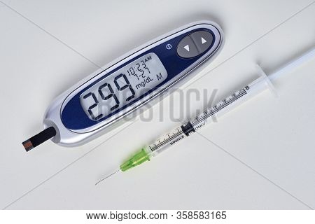 Diabetes, Glucometer With Glucose Measurement On Screen And Blood On Test Strip
