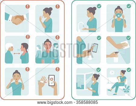 Covid-19 Virus Protection Tips. Coronavirus Alert.  Set Of Flat Vector Illustration