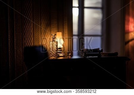A Realistic Dollhouse Living Room With Furniture And Window At Night. Artwork Table Decoration With
