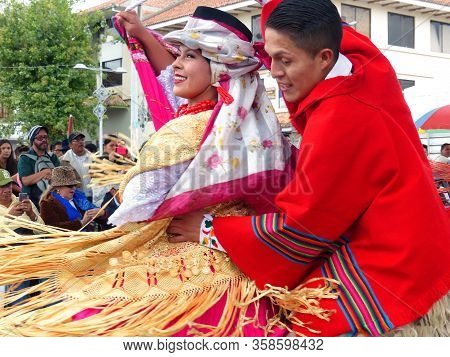Pichincha Province, Ecuador - December 21, 2019: Unidentified Young Couple Of Indigenous Dancers Of 