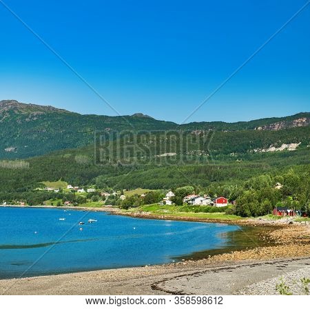 Panoramic Summer Scenery View From Langstranda, Fishing Village On Coast Of Rombaken By E6 Road In N