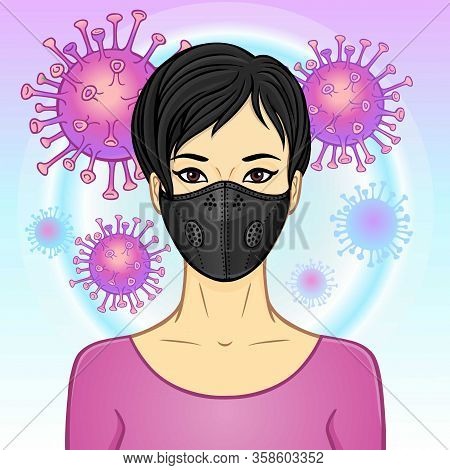 Animation Portrait Of Asian Woman In Medical Face Mask.  Protection Against Coronavirus Epidemic. Te