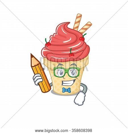 A Smart Student Cherry Ice Cream Character With A Pencil And Glasses
