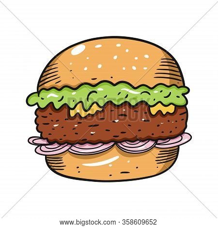 Burger With Shredded Lettuce And Onion. Hand Drawn Vector Illustration In Cartoon Style. Isolated On
