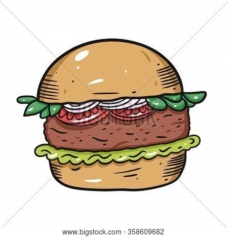 Burger With Tomato, Shredded Lettuce And Onion. Hand Drawn Vector Illustration In Cartoon Style. Iso