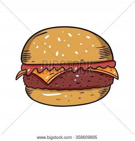 Humburger. Hand Drawn Vector Illustration In Cartoon Style. Isolated On White Background.