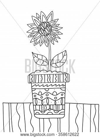Windy Coloring Pot With A Sunflower On The Windowsill. Beautiful Big Flower. Coloring Book For Adult