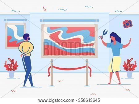 Man Visiting Art Gallery Hall With Paintings Flat Cartoon Vector Illustration. Boy Visiting Exhibiti