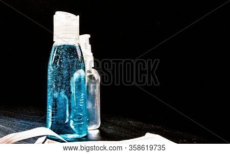 Antibacterial Fluid And Mask. Coronavirus Protection Kit. Hygiene Is Very Important To Avoid Infecti