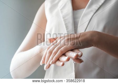 Women Washing Hands With Antibacterial Sanitizer Gel. Hygiene Concept. Prevent The Spread Of Germs A
