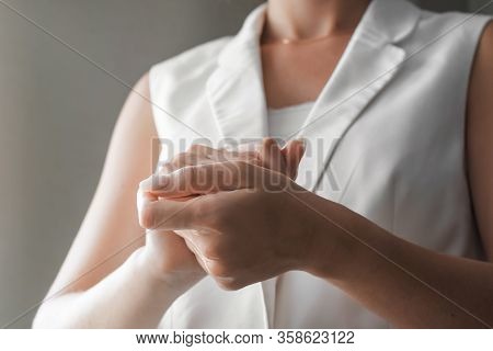 Women Washing Hands With Antibacterial Sanitizer Gel. Hygiene Concept. Prevent The Spread Of Germs A