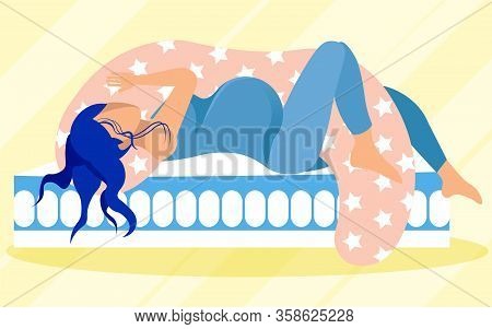 Large Bad With Mattress, Suitable For Prospective Mothers. Pregnant Brunette In Pajamas With Special