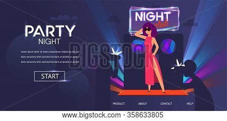 Beautiful Woman Famous Celebrity Posing Near Night Club Door Entrance Red Carpet Man Photograper Pap
