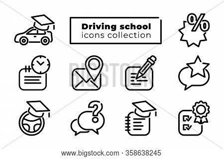 Driving School, Auto Education Line Icons Big Set. Black Online Car Study Simple Elements Collection