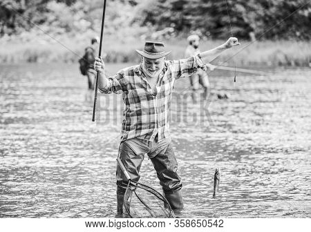 Life Full Of New Hobbies. Summer Weekend. Fisherman With Fishing Rod. Mature Man Fishing. Retired Be