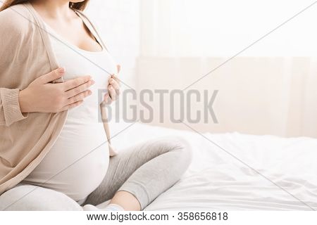 Pregnant Woman Having Painful Feelings In Breast, Massaging Herself, Panorama With Free Space