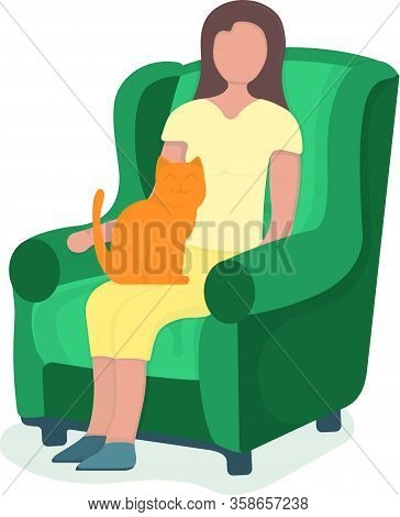 Woman Sitting On Armchair With Cat In Arms, Female Character Rest, Relax. Isolated On White, Flat Ve