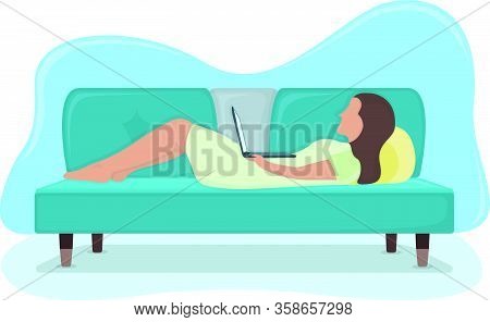 Woman Lie On Sofa With Laptop In Arms, Female Character Rest, Relax. Isolated On White, Flat Vector 