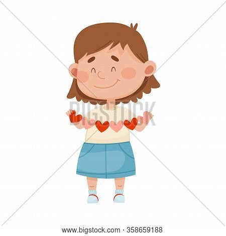 Smiling Girl Holding Made From Paper Heart Garland Vector Illustration