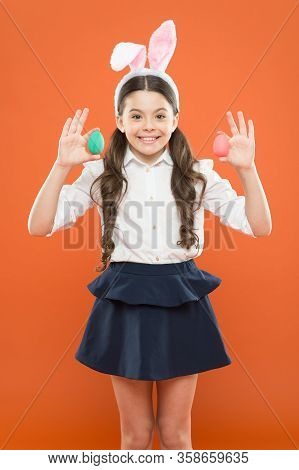 Easter Is Coming. Small Girl Child Wear Bunny Ears. Happy Easter. Egg Hunt On Spring Holiday. Holida