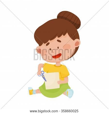 Little Girl Holding Scissors Doing Paper Craft Vector Illustration