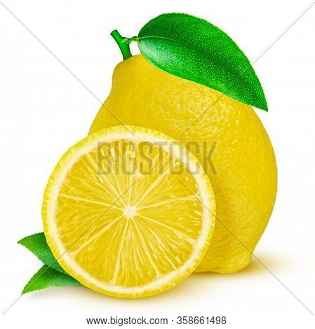 Lemon. Fruit With Half And Leaves Isolated On White