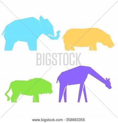 Set Of Multi-colored African Animals In Different Poses, Lions And Hippos, Elephants And Giraffes, V