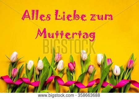 Tulip, Liebe Zum Muttertag Means Happy Mothers Day, Ribbon, Yellow Background