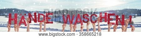 Hands Holding Word Haende Waschen Means Wash Your Hands, Winter Background