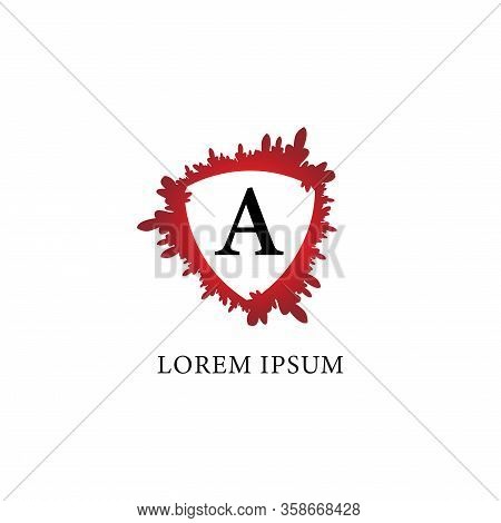 Letter A Alphabet Logo Design Template. Splash Of Blood With Shield Shape In The Midle. Isolated On 