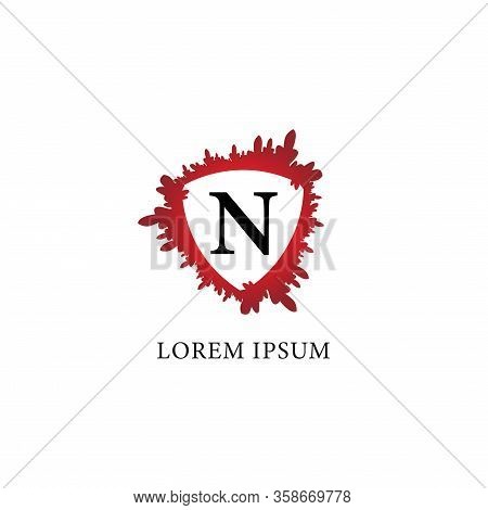 Letter N Alphabet Logo Design Template. Splash Of Blood With Shield Shape In The Midle.  Initial Abj
