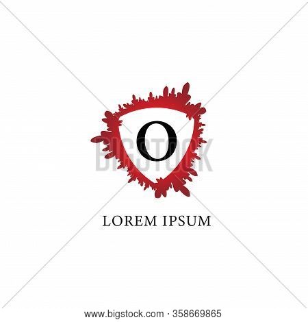 Letter O Alphabet Logo Design Template. Splash Of Blood With Shield Shape In The Midle.  Initial Abj