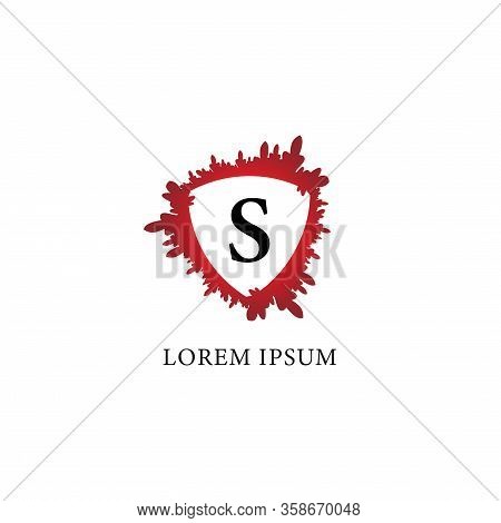 Letter S Alphabet Logo Design Template. Splash Of Blood With Shield Shape In The Midle. Insurance, P