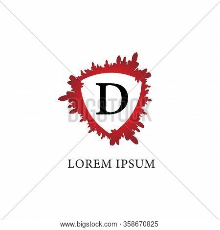 Letter D Alphabet Logo Design Template. Splash Of Blood With Shield Shape In The Midle.  Initial Abj