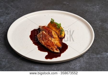Sous Vide Chicken Breast With Mashed Young Carrots And Chicken Jus